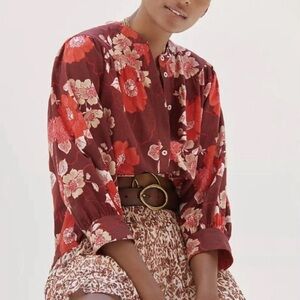 Anthropologie Porridge Floral Print Cotton 3/4 Puff Sleeve Blouse M Button Down